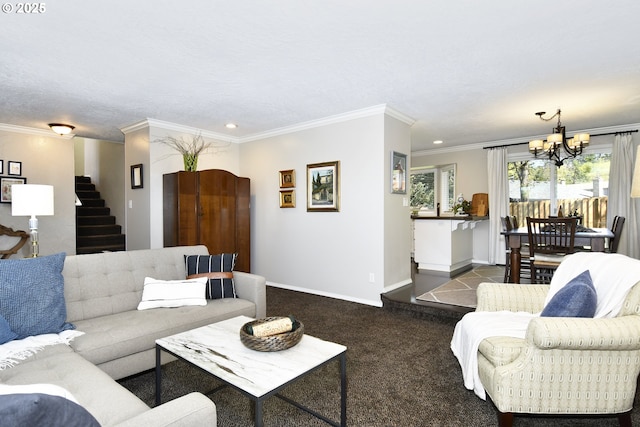 living area with recessed lighting, carpet, a notable chandelier, stairway, and crown molding