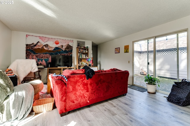 living room featuring light wood-style flooring and a textured ceiling