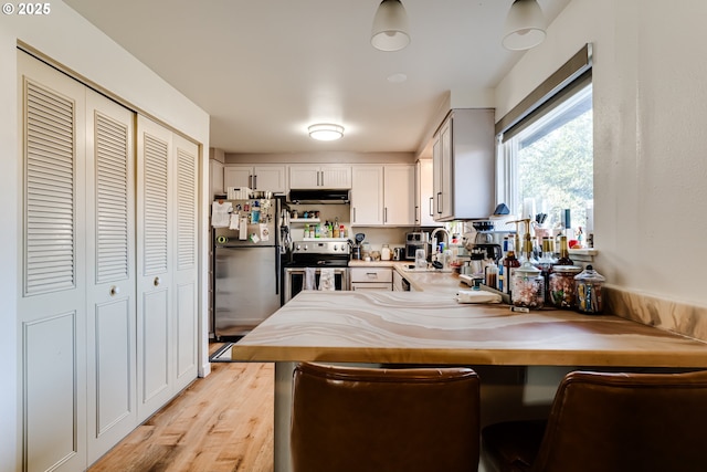 kitchen with under cabinet range hood, stainless steel appliances, a peninsula, a sink, and light wood finished floors