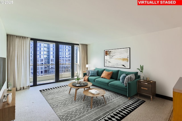 living room with baseboards and a wall of windows