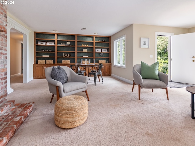 carpeted living room featuring built in features