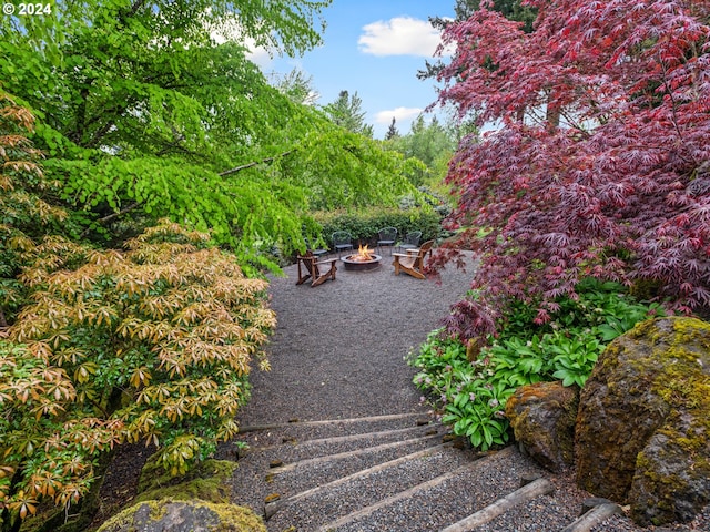 view of yard featuring an outdoor fire pit