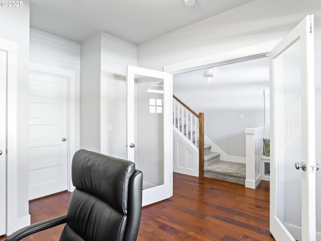 office featuring dark wood-type flooring and french doors