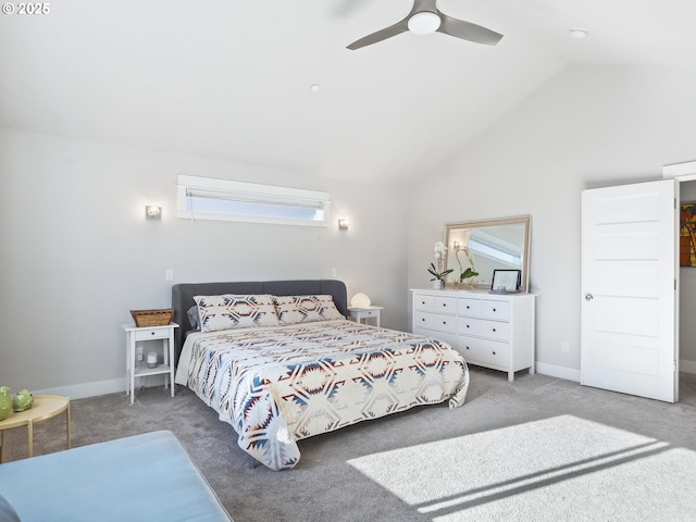 carpeted bedroom with lofted ceiling and ceiling fan