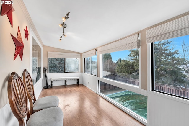 sunroom featuring lofted ceiling and track lighting