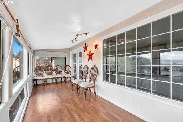 sunroom featuring rail lighting