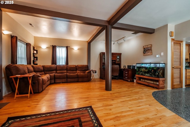 living room featuring light hardwood / wood-style flooring and beamed ceiling