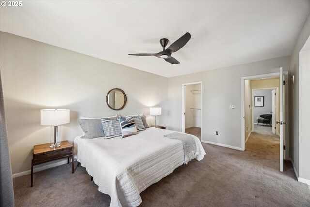 bedroom with carpet floors, baseboards, and ceiling fan