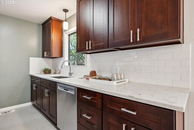kitchen featuring dishwasher, a sink, tasteful backsplash, baseboards, and dark brown cabinets