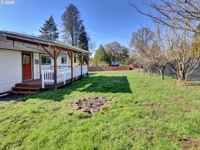 view of yard with a fenced backyard and a deck