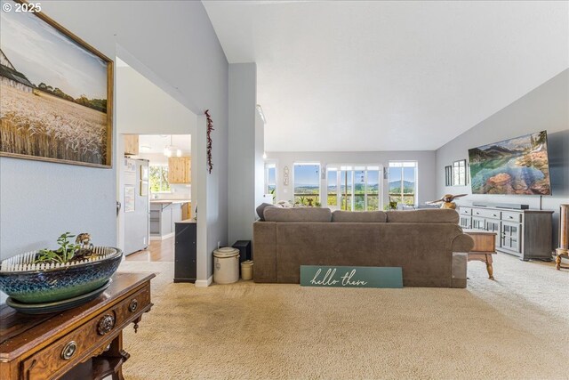 21600 NE Forest Dr, Yamhill, OR 97148 - carpeted living room featuring vaulted ceiling