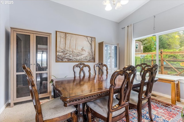 21600 NE Forest Dr, Yamhill, OR 97148 - dining space with french doors, vaulted ceiling, baseboards, light colored carpet, and a chandelier