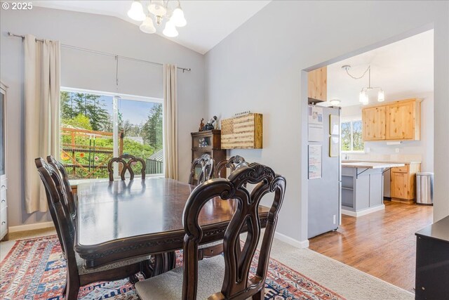 21600 NE Forest Dr, Yamhill, OR 97148 - dining room featuring a chandelier, vaulted ceiling, and baseboards