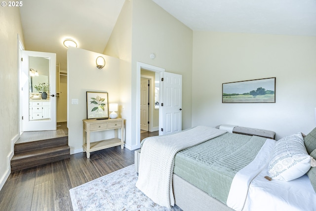 32518 Dillard Rd, Eugene, OR 97405 - bedroom with dark wood-type flooring and high vaulted ceiling