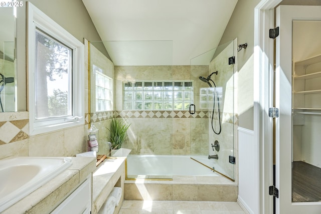 32518 Dillard Rd, Eugene, OR 97405 - full bath featuring vaulted ceiling, tiled shower / bath, vanity, and tile patterned flooring