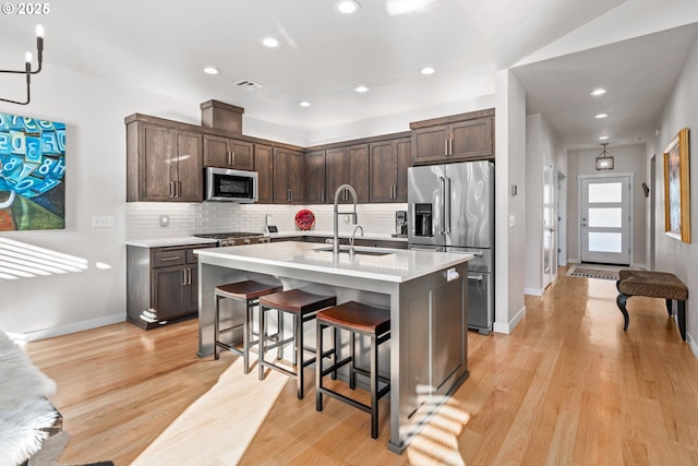 kitchen featuring sink, a breakfast bar, appliances with stainless steel finishes, backsplash, and a center island with sink