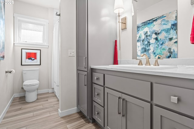 bathroom featuring vanity, hardwood / wood-style flooring, and toilet