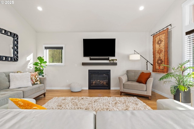 living room with lofted ceiling and light wood-type flooring