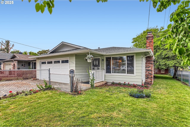 ranch-style home featuring an attached garage, a chimney, and driveway