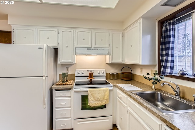 kitchen featuring white appliances, under cabinet range hood, a sink, white cabinets, and light countertops