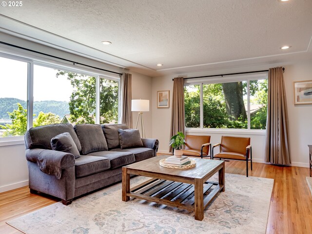 5210 N Emerson Dr, Portland, OR 97217 - living area featuring a textured ceiling, a mountain view, light wood-style floors, and recessed lighting