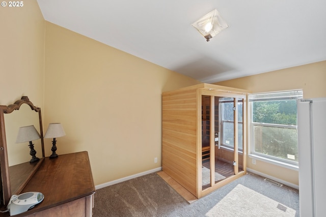 unfurnished bedroom featuring light colored carpet