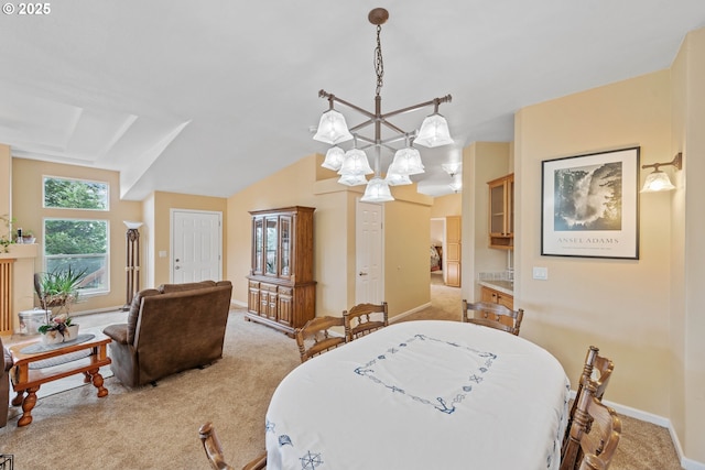 dining space featuring vaulted ceiling, light colored carpet, and a notable chandelier