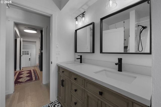 bathroom featuring a sink, wood finished floors, and double vanity