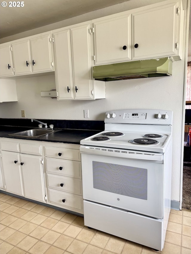 2440 Pine St, Seaside, OR 97138 - kitchen featuring electric range, exhaust hood, a sink, dark countertops, and white cabinets