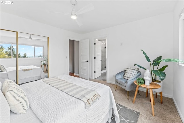 bedroom featuring a closet, carpet flooring, baseboards, and ceiling fan