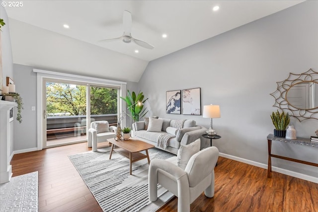 living room featuring recessed lighting, vaulted ceiling, wood finished floors, and ceiling fan