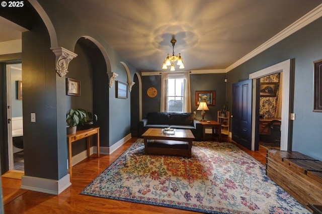 369 37th St, Astoria, OR 97103 - office space with wallpapered walls, hardwood / wood-style flooring, a chandelier, and arched walkways