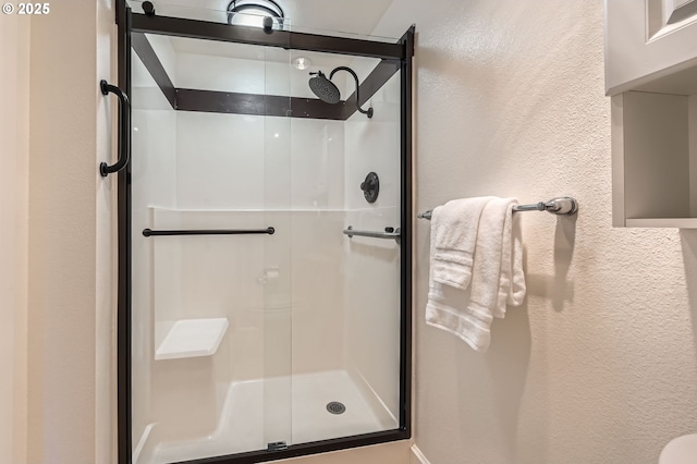 bathroom featuring a shower with shower door