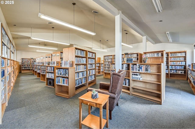 interior space with lofted ceiling, dark carpet, and a textured ceiling