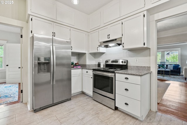 380 W Arlington St, Gladstone, OR 97027 - kitchen featuring appliances with stainless steel finishes, under cabinet range hood, white cabinetry, and backsplash