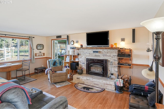 living room with wood-type flooring and a fireplace