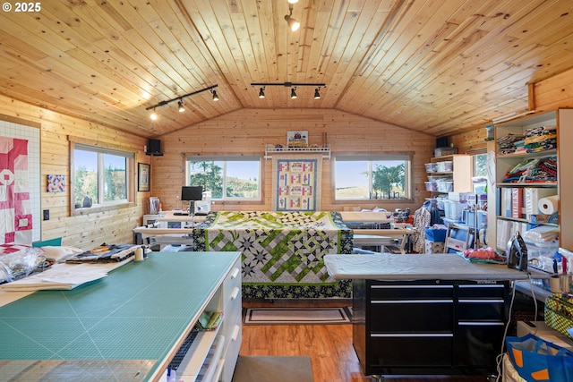 kitchen with wood ceiling, light hardwood / wood-style floors, wood walls, rail lighting, and lofted ceiling