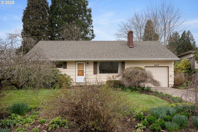 ranch-style home featuring a chimney, concrete driveway, a shingled roof, and a garage