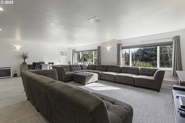 living area featuring baseboards, a textured ceiling, and carpet flooring