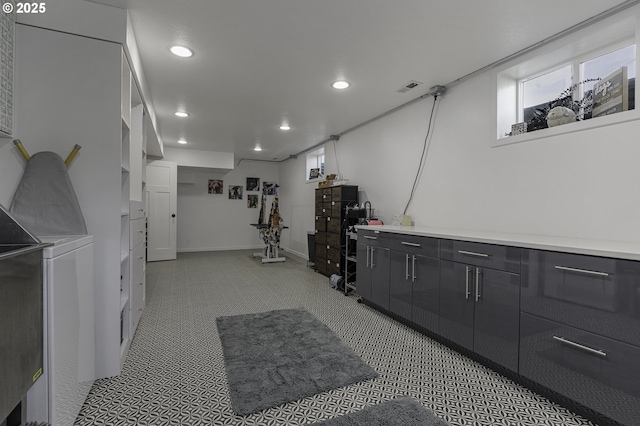 interior space with recessed lighting, visible vents, carpet floors, and baseboards