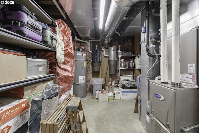 unfinished basement with water heater and heating unit