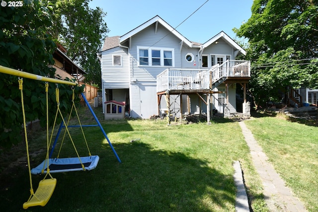 609 E 10th St, The Dalles, OR 97058 - back of house with stairs, a wooden deck, and a yard