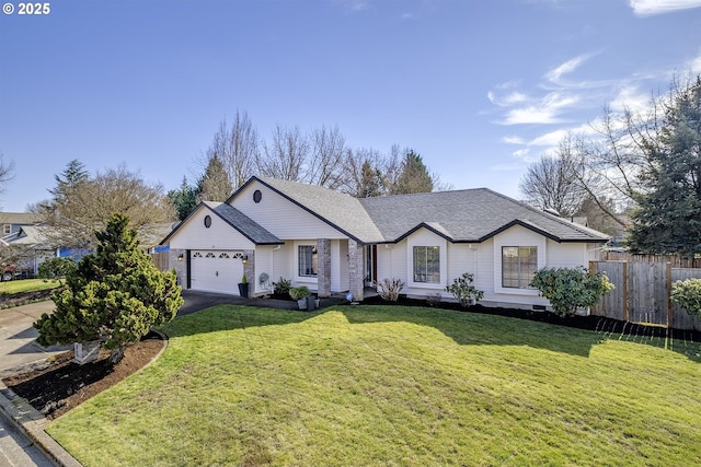 ranch-style house with a shingled roof, fence, a front yard, a garage, and driveway