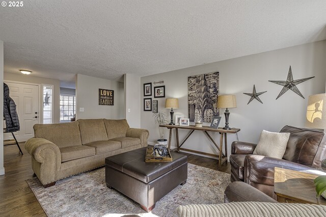 living room with a textured ceiling and wood finished floors