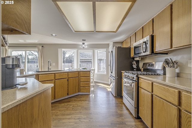 kitchen with dark wood-style floors, recessed lighting, a sink, stainless steel appliances, and light countertops