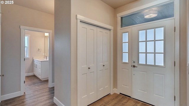 foyer entrance with light hardwood / wood-style floors and sink