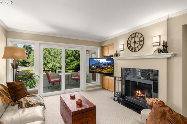 5050 S Landing Dr Unit 202, Portland, OR 97239 - living room featuring a tile fireplace, light carpet, and ornamental molding