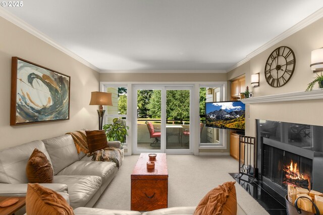 5050 S Landing Dr Unit 202, Portland, OR 97239 - living area with ornamental molding, light carpet, and a fireplace with flush hearth