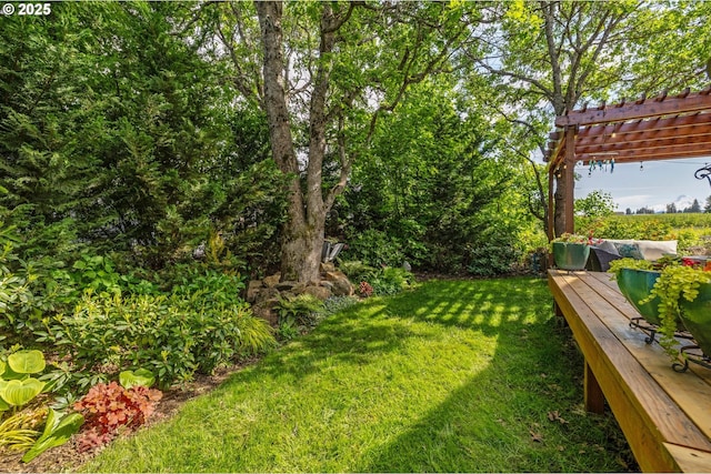 view of grassy yard featuring a pergola and a deck