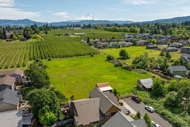 aerial view of sparsely populated area featuring rows of crops, a mountainous background, and nearby suburban area